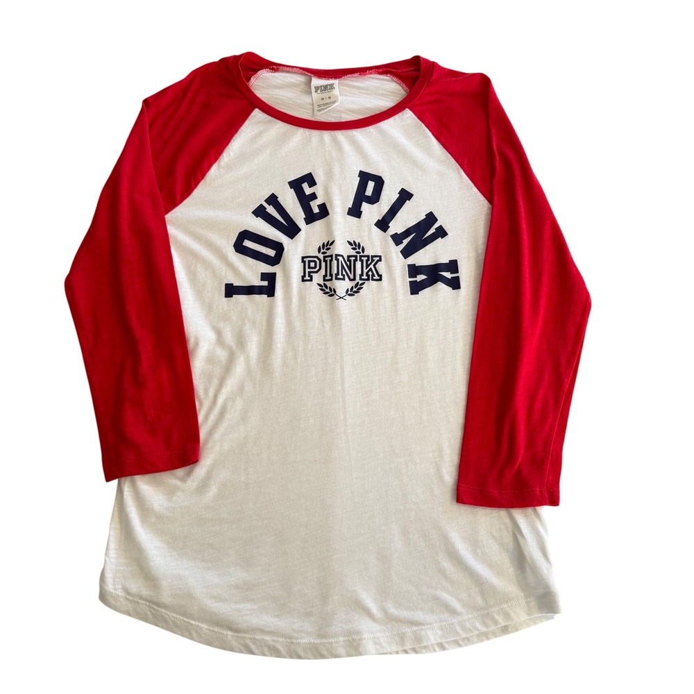 Victoria's Secret PINK Baseball Tee Womens Medium Red White Raglan Graphic Shirt